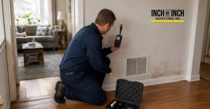Indoor air quality inspector testing for the source of a persistent household odour in a Toronto home.